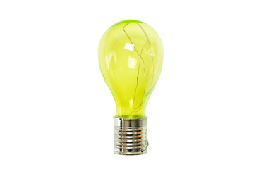 Yellow light bulb isolated on white background. Close up.