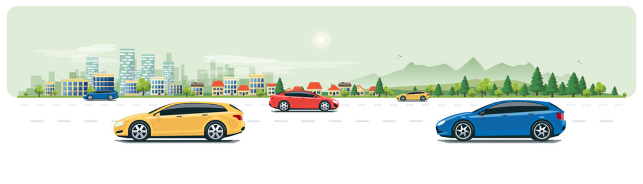 Flat Vector Cartoon Style Illustration Of Urban Landscape Street With Cars, Skyline City Office Buildings, Family Houses In Small Town And Mountain With Green Trees On White Backround. Road Traffic. 