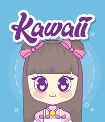 Kawaii anime girl icon over blue background, vector illustration