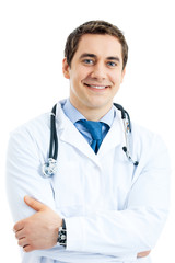 Fototapeta premium Portrait of happy smiling doctor, isolated on white background