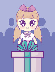 Gift box and anime girl icon over purple background, vector illustration