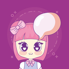 Kawaii anime girl with speech bubble over purple background, colorful design. vector illustration