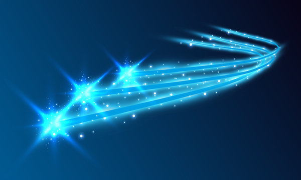 Burning fire on a transparent background. Neon blue and yellow star, glittering shine and bokeh lights. Glowing light particles with a flash effect.