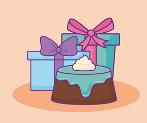 Gift boxes and birthday cake over orange background, colorful design. vector illustration