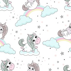 Seamless pattern with unicorns on a beautiful background. Vector illustration.