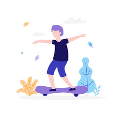 Boy skateboarding outdoors in the park isolated on white background. Children sport activity concept, summer flat illustration with bush, tree and leaves around