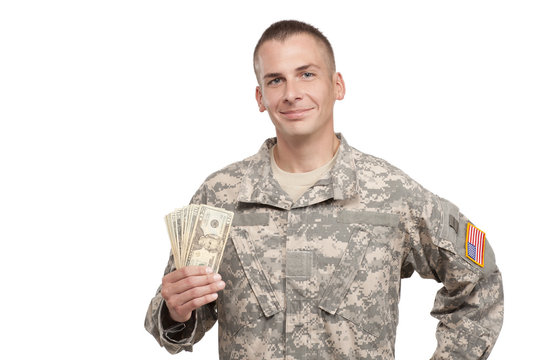 Army Soldier With Cash Money In His Hands