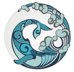 Obraz premium Stylizowane ręcznie rysowane ogon wieloryba w falach oceanu, ilustracji wektorowych, okrągły element dekoracyjny