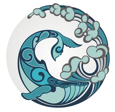 Stylized hand drawn whale tail in ocean waves, vector illustration, round decorative element