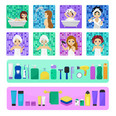 Woman bathing in bathroom vector beautiful girl character washing in bath illustration set of women with skincare cream or hygiene personal care isolated on white background