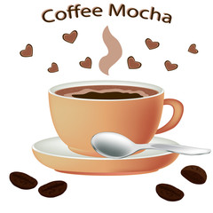 Coffee mocha close-up. Cup of hot coffee isolated on white background. Coffee mocha in a porcelain cup. Vector illustration.
