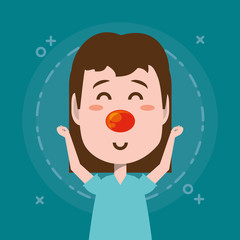 cartoon girl with red nose over blue background, colorful design. vector illustration