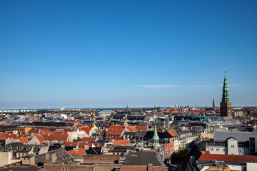 Fototapeta na wymiar aerial view of beautiful cityscape with historical tower in copenhagen, denmark