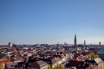 Fototapeta na wymiar aerial view of beautiful cityscape with historical and modern buildings in copenhagen, denmark
