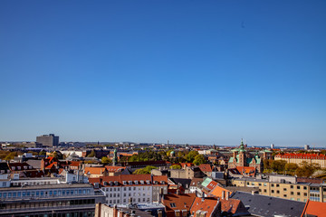 Naklejka na ściany i meble aerial view of beautiful historical and modern buildings at sunny day, copenhagen, denmark