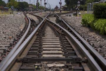 Railroad tracks with a junction on the front