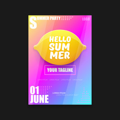 Fototapeta premium Vector Hello Summer Beach Party vertical A4 poster Design template or mock up with fresh lemon on pink and purple modern style gradient background. Hello summer concept label or flyer