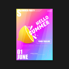 Vector Hello Summer Beach Party vertical A4 poster Design template or mock up with fresh lemon on pink and purple modern style gradient background. Hello summer concept label or flyer