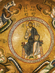 Byzantine mosaic of the dome depicting the enthroned Christ of the 12th century in the church The...