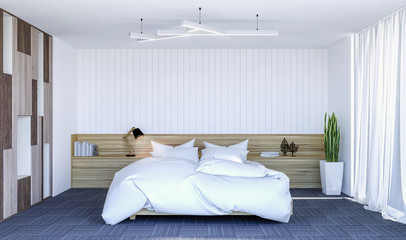 White modern contemporary bedroom interior with copy spce on wall for mock up, 3D Rendering