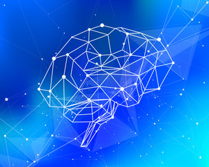 human brain of triangles, lines & dots located on a blue technological background - conceptual illustration symbolizing artificial intelligence & modern biotechnology & HUD interface