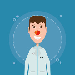 cartoon doctor with red nose over blue background, colorful design. vector illustration