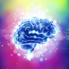 Human Brain on a color technological background surrounded by information fields, neural networks, Internet webs - the concept of modern technology, biotechnology, artificial intelligence, creativity
