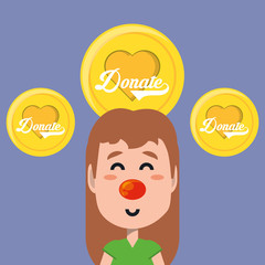 Obraz premium donate coins and cartoon girl with red nose over purple background, colorful design. vector illustration