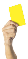 hand Of Soccer Referee Showing Yellow Card On White Background
