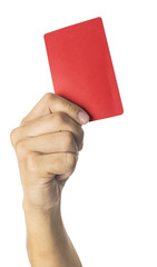 hand Of Soccer Referee Showing Red Card On White Background