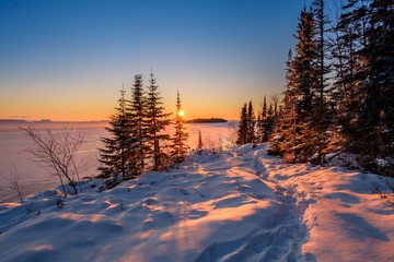 Winter sunset over Silver Harbour on Lake Superior