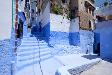 Street landscape of the of old historical medieval city Сhefchaouen in Morocco. Blue town village...