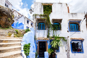 Street landscape of the of old historical medieval city Сhefchaouen in Morocco. Blue town village narrow streets of medina