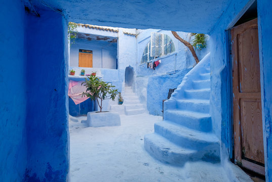 Street landscape of the of old historical medieval city Сhefchaouen in Morocco. Blue town village narrow streets of medina