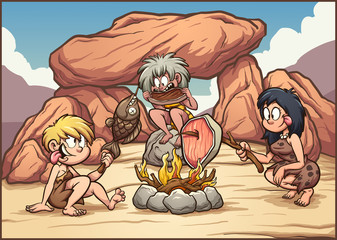 Cartoon cave women cooking and eating meat and fish. Vector clip art illustration with simple gradients. Some elements on separate layers. 