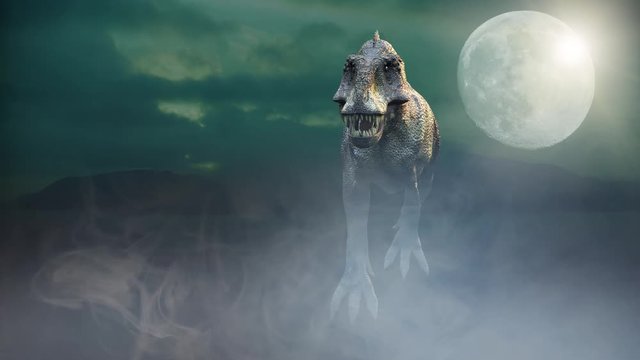animate a running dinosaur Tyrannosaurus Rex 3d render on dark background