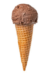 wafer cup with melting chocolate scoop of ice cream isolated on white background, close up