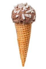 wafer cup with chocolate scoop of ice cream and white chocolate flakes isolated on background, close up