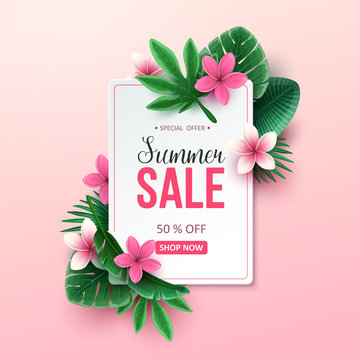 Summer sale background with tropical flowers and palm leaves. Vector illustration.