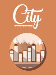 city design with city buildings in a circular frame over brown background, colorful design. vector illustration