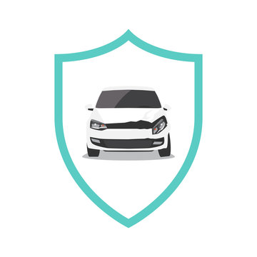 Damaged white car and shield. Car insurance concept. Vector illustration