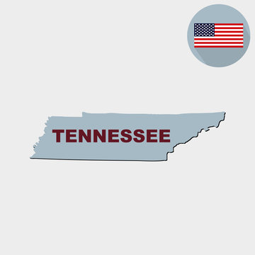 Map of the U.S. state of Tennessee on a grey background. American flag, state name