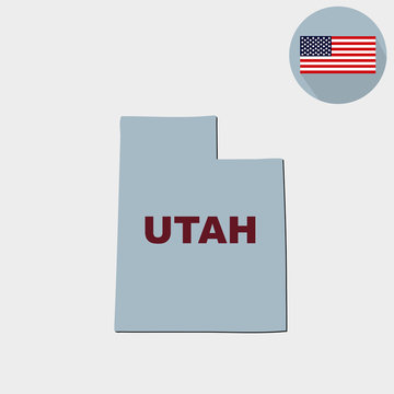 Map of the U.S. state of Utah on a grey background. American flag, state name