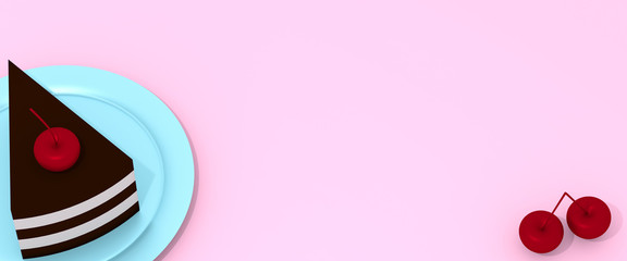 Piece of cake and cherry on blue plate on pink background 3D illustration
