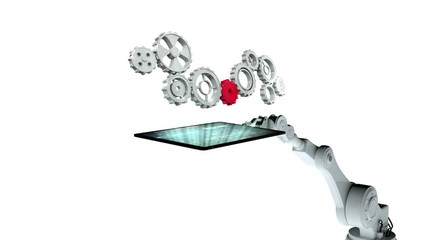 Digitally generated video of white robotic arm holding digital tablet with machine cog - Powered by Adobe