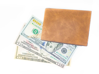 brown wallet on banknote  100, 50 , 10 US. dollar on white background