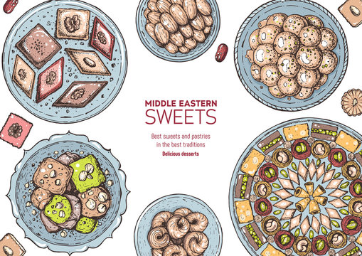 Oriental sweets vector illustration, top view. Middle eastern food, hand drawn. Colorful design template. Food menu background. EPS10