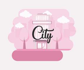 city urban design with building and trees over white background, colorful design. vector illustration