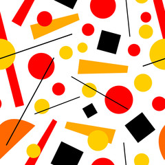 Seamless pattern of Suprematism. red, black, yellow, orange squares, circles, stripes. line, trapezoid.