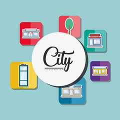 icon set of city elements over colorful squares and  blue background, vector illustration